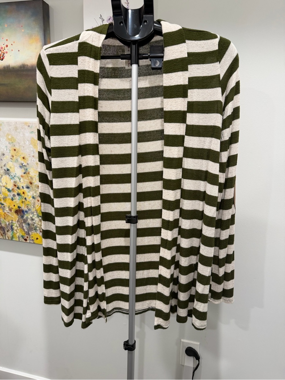Vanilla Bay Olive Green and Cream Striped Open Cardigan